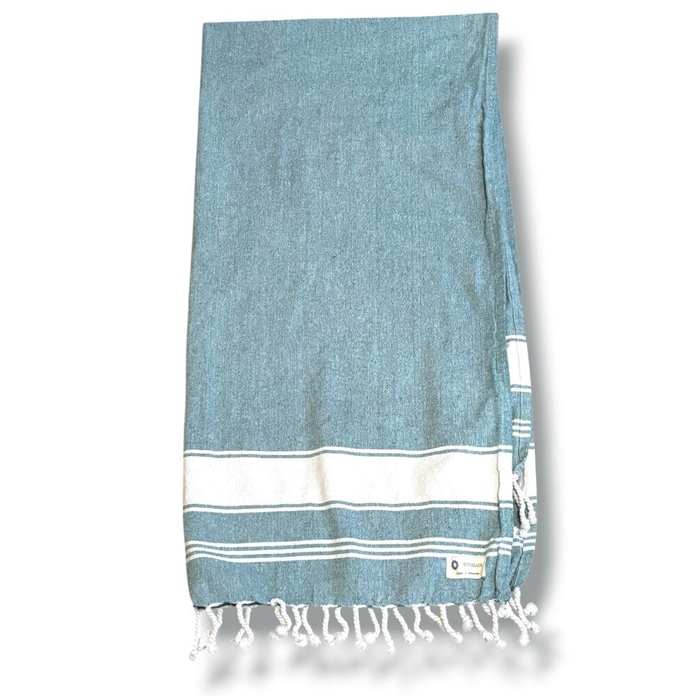 9 Threads Turkish Cotton Beach Towel Aqua White Tassel Fringe Peshtemal Summer